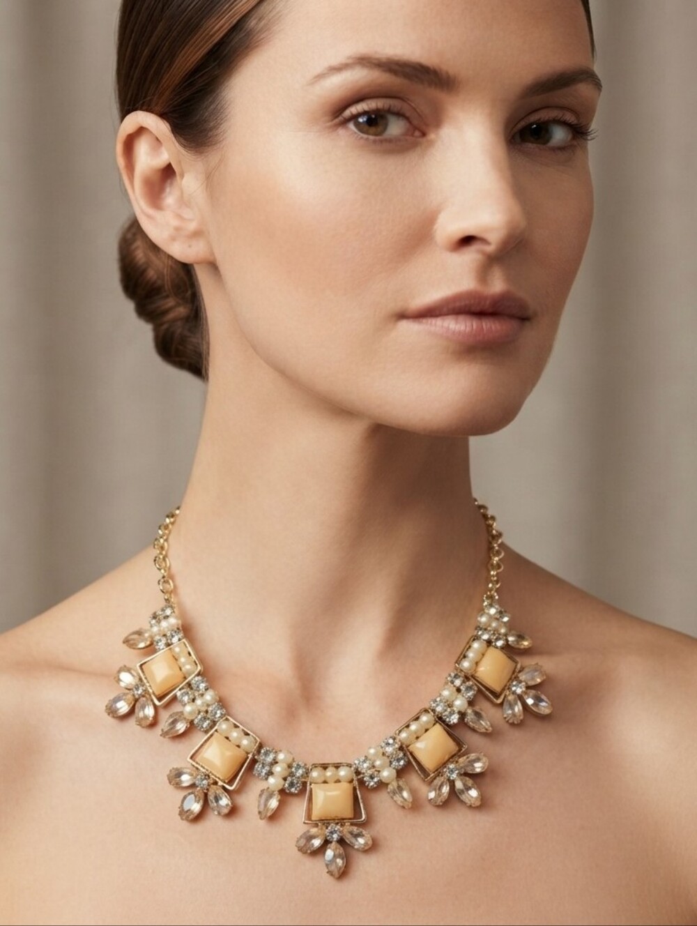 New Elegant Gold and Cream Statement Necklace - Women Jewelry - Picture 3 of 16